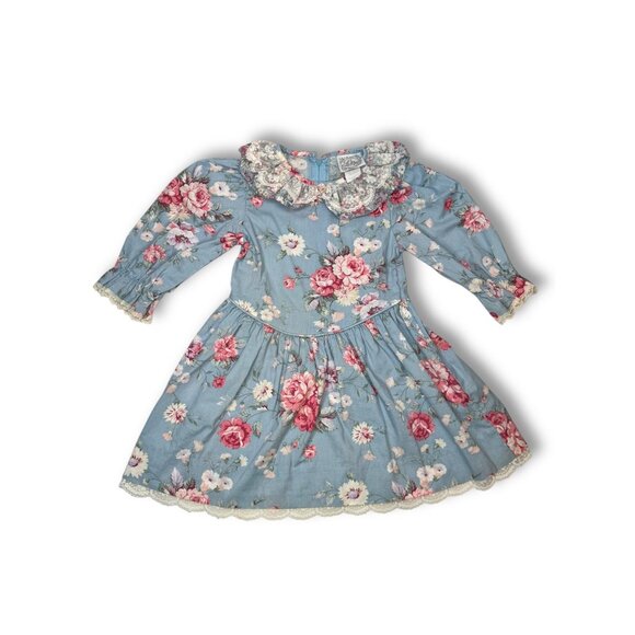 Vintage Le Maj Blue Pink Floral Cotton Toddler Dress Size 5 Made In USA - Picture 2 of 10